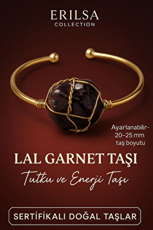 Sertifikalı Doğal Lal Garnet Taşı Ayarlanabilir 24K Altın Kaplama Bileklik 20-25 mm