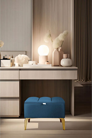 Vetra Mini Royal Mavi Kumaş Sandıklı Puf- Gold Ayak Dekoratif Bench Puf