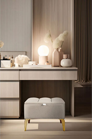 Vetra Mini Royal Krem Kumaş Sandıklı Puf- Gold Ayak Dekoratif Bench Puf