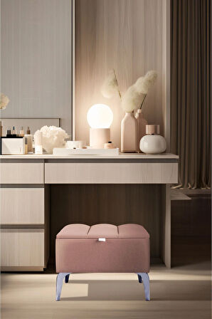 Vetra Mini Royal Pudra Kumaş Sandıklı Puf- Gümüş Ayak Dekoratif Bench Puf