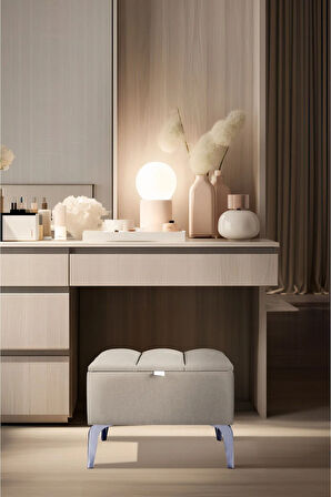 Vetra Mini Royal Bej Kumaş Sandıklı Puf- Gümüş Ayak Dekoratif Bench Puf