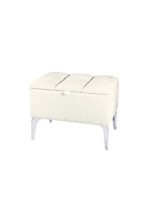 Vetra Mini Royal Beyaz Kumaş Sandıklı Puf- Gümüş Ayak Dekoratif Bench Puf