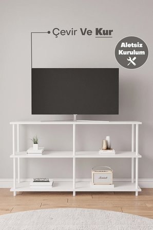 Çevir Kur 150 Cm Beyaz B.d Raflı Tv Sehpası, Tv Ünitesi 150*75*29 Cm