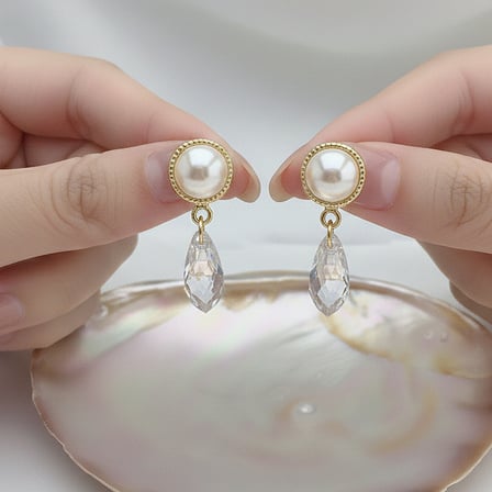 14k Altın Kaplama Kristal Taşlı İnci Küpe