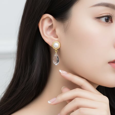14k Altın Kaplama Kristal Taşlı İnci Küpe