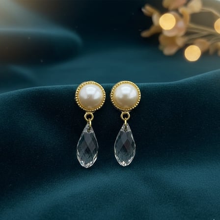 14k Altın Kaplama Kristal Taşlı İnci Küpe