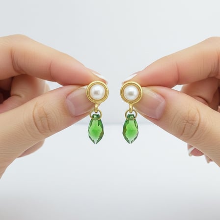 14k Altın Kaplama Yeşil Kristal Taşlı İnci Küpe