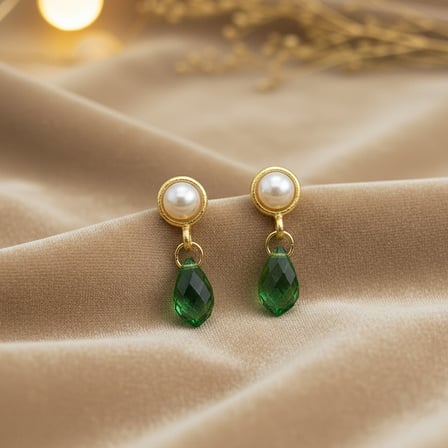 14k Altın Kaplama Yeşil Kristal Taşlı İnci Küpe