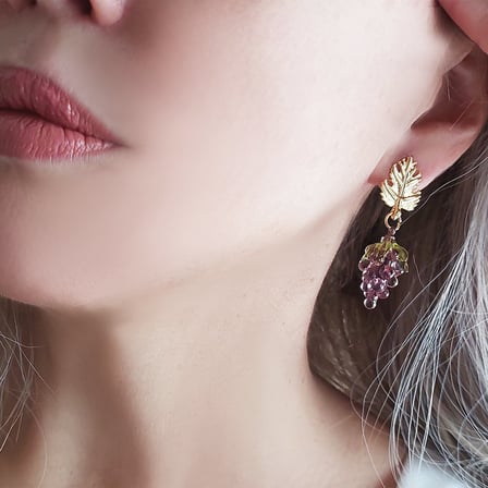 El Yapımı Murano Camı Üzüm Sallantılı Altın Kaplama Yaprak Küpe