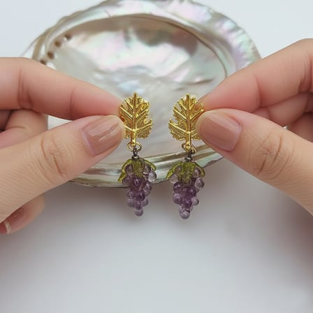 El Yapımı Murano Camı Üzüm Sallantılı Altın Kaplama Yaprak Küpe
