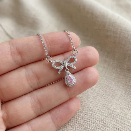 Pembe Damla Taşlı Çelik Kurdele Kolye