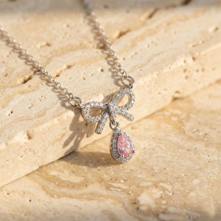 Pembe Damla Taşlı Çelik Kurdele Kolye