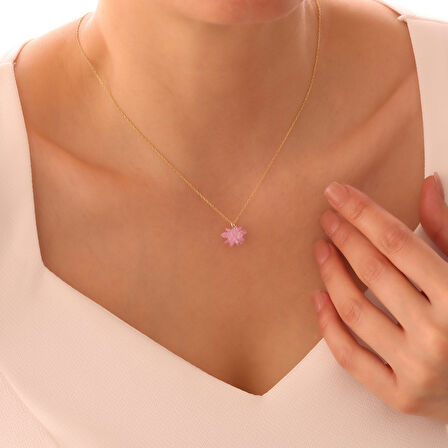 Vaoov 925 Ayar Gümüş Pembe Kristal Taşlı Lotus Kolye