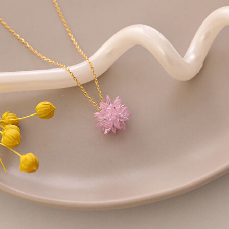 Vaoov 925 Ayar Gümüş Pembe Kristal Taşlı Lotus Kolye