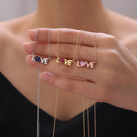 925 Ayar Gümüş Love Yazılı Renkli Kalp Taşlı Kolye