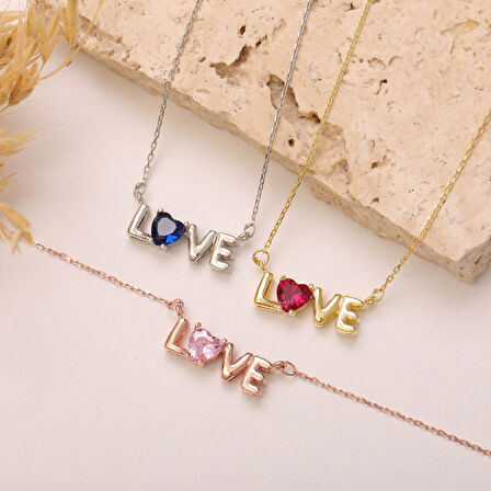 925 Ayar Gümüş Love Yazılı Renkli Kalp Taşlı Kolye