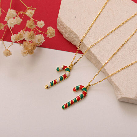 925 Ayar Gümüş Mineli Yılbaşı Baston Şekeri Kolye