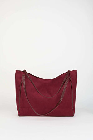 Kadın Süet Bordo Büyük Boy Fermuar Kapama El Kol Ve Omuz Çantası