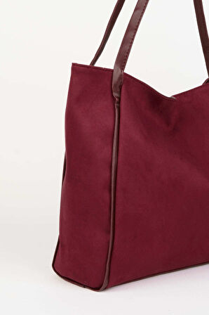 Kadın Süet Bordo Büyük Boy Fermuar Kapama El Kol Ve Omuz Çantası