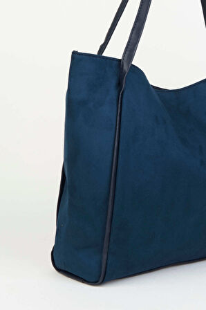 Kadın Süet Lacivert Büyük Boy Fermuar Kapama El Kol Ve Omuz Çantası