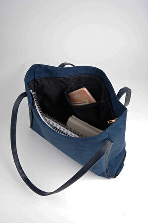 Kadın Süet Lacivert Büyük Boy Fermuar Kapama El Kol Ve Omuz Çantası