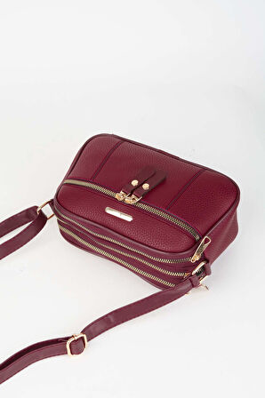 Kadın Sincap Bordo 4 Bölmeli Suni Deri Orta Boy Fermuar Kapama El Kol Ve Omuz Çantası