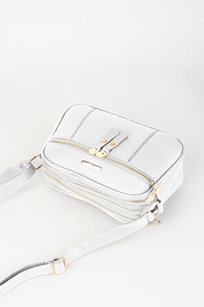 Kadın Sincap Beyaz 4 Bölmeli Suni Deri Orta Boy Fermuar Kapama El Kol Ve Omuz Çantası