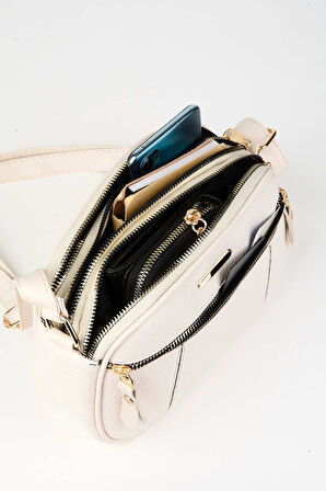 Kadın Sincap Krem 4 Bölmeli Suni Deri Orta Boy Fermuar Kapama El Kol Ve Omuz Çantası