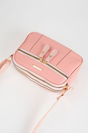 Kadın Sincap Pembe 4 Bölmeli Suni Deri Orta Boy Fermuar Kapama El Kol Ve Omuz Çantası