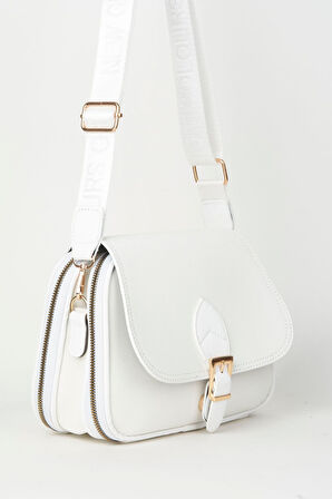 Kadın Yonca Beyaz 4 Cepli Kapaklı Kolon Askılı Fermuar ve Çıt Çıt Kapama El Kol Ve Omuz Çantası