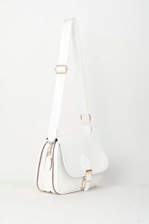 Kadın Yonca Beyaz 4 Cepli Kapaklı Kolon Askılı Fermuar ve Çıt Çıt Kapama El Kol Ve Omuz Çantası