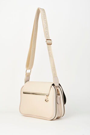 Kadın Yonca Krem 4 Cepli Kapaklı Kolon Askılı Fermuar ve Çıt Çıt Kapama El Kol Ve Omuz Çantası