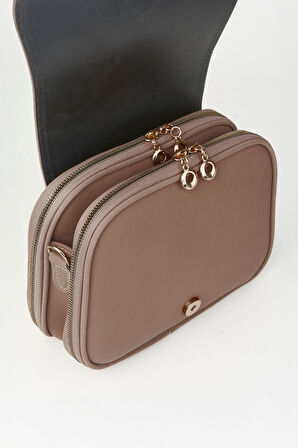 Kadın Yonca Koyu Vizon 4 Cepli Kapaklı Kolon Askılı Fermuar ve Çıt Çıt Kapama El Kol Ve Omuz Çantası