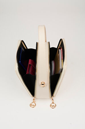 Kadın Hazer Krem 3 Bölmeli Astarlı Suni Deri Ayarlanabilir Askılı Fermuar Kapama El Ve Omuz Çantası