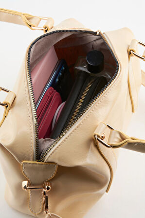 Kadın Ortanca Sarı Tasarım Rugan Deri Astarlı Fermuar Kapama El Kol Ve Omuz Çantası