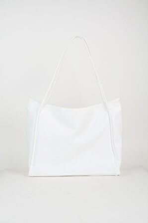 Kadın Torba Beyaz Kırışık Suni Deri Büyük Boy Fermuar Kapama El Kol Ve Omuz Çantası