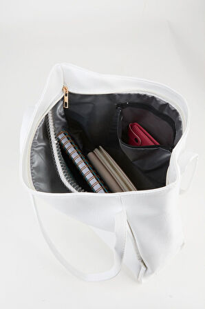 Kadın Torba Beyaz Kırışık Suni Deri Büyük Boy Fermuar Kapama El Kol Ve Omuz Çantası