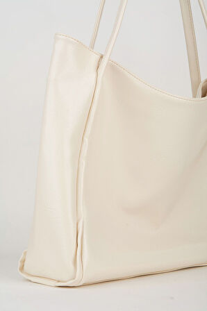 Kadın Torba Krem Kırışık Suni Deri Büyük Boy Fermuar Kapama El Kol Ve Omuz Çantası