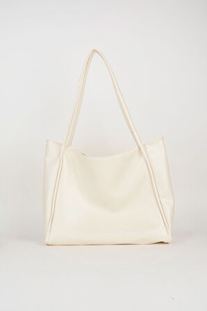 Kadın Torba Krem Kırışık Suni Deri Büyük Boy Fermuar Kapama El Kol Ve Omuz Çantası