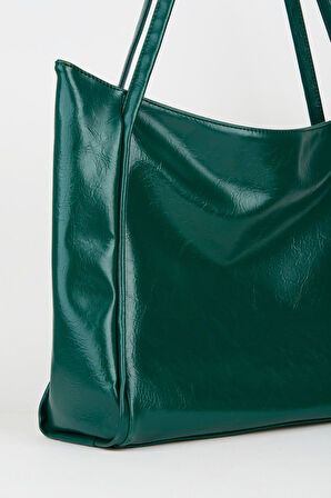 Kadın Torba Yeşil Kırışık Suni Deri Büyük Boy Fermuar Kapama El Kol Ve Omuz Çantası