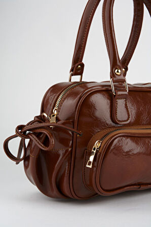 Kadın Mila Taba Kırışık Parlak Suni Deri Fermuar Kapama Askılı El Kol Ve Omuz Çantası