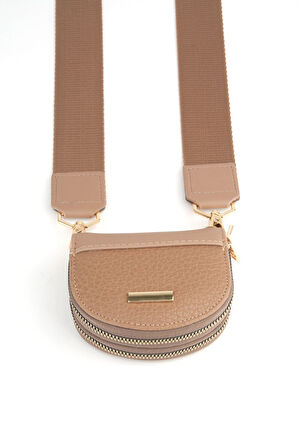 Kadın Vizon Tasarım 2 Bölmeli Mini Boy Fermuar Kapama Cüzdan Ve Omuz Çantası