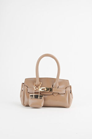 Kadın Kasa Koyu Vizon Charm Hediyeli Tasarım Çevirme Kilit Kapama El Kol Ve Omuz Çantası