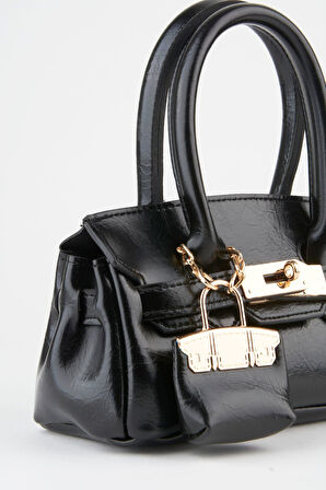 Kadın Kasa Siyah Charm Hediyeli Tasarım Çevirme Kilit Kapama El Kol Ve Omuz Çantası