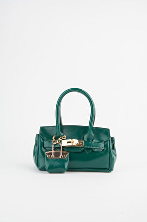 Kadın Kasa Yeşil Charm Hediyeli Tasarım Çevirme Kilit Kapama El Kol Ve Omuz Çantası