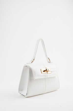 Kadın Nergis Beyaz Tasarım Kilit Çıt Çıt Kapama Suni Deri Astarlı El Kol Ve Omuz Çantası