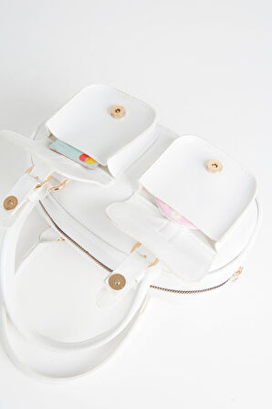 Kadın Çiğdem Beyaz 3 Cepli Fermuar Ve Çıt Çıt Kapama Ayarlanabilir Askılı El Kol Ve Omuz Çantası