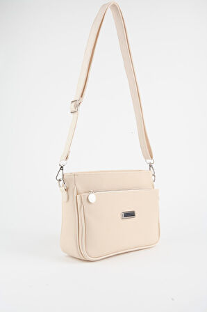 Kadın Zambak Krem 3 Bölmeli Astarlı Lacost Deri Fermuar Kapama El Kol Ve Omuz Çantası