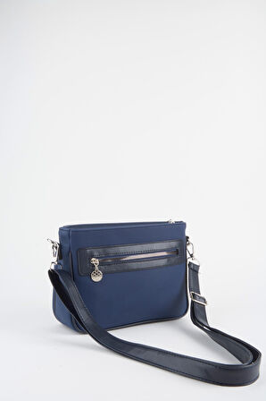 Kadın Zambak Lacivert 3 Bölmeli Astarlı Lacost Deri Fermuar Kapama El Kol Ve Omuz Çantası