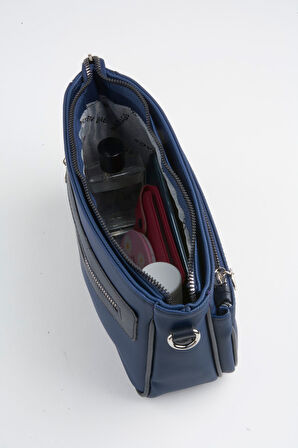 Kadın Zambak Lacivert 3 Bölmeli Astarlı Lacost Deri Fermuar Kapama El Kol Ve Omuz Çantası